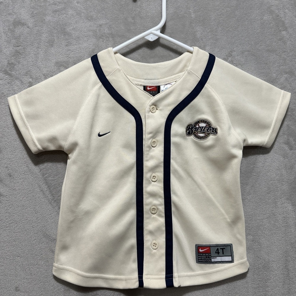 VINTAGE Nike Team Milwaukee Brewers Jersey 4T Embroidered Cream Navy Trim